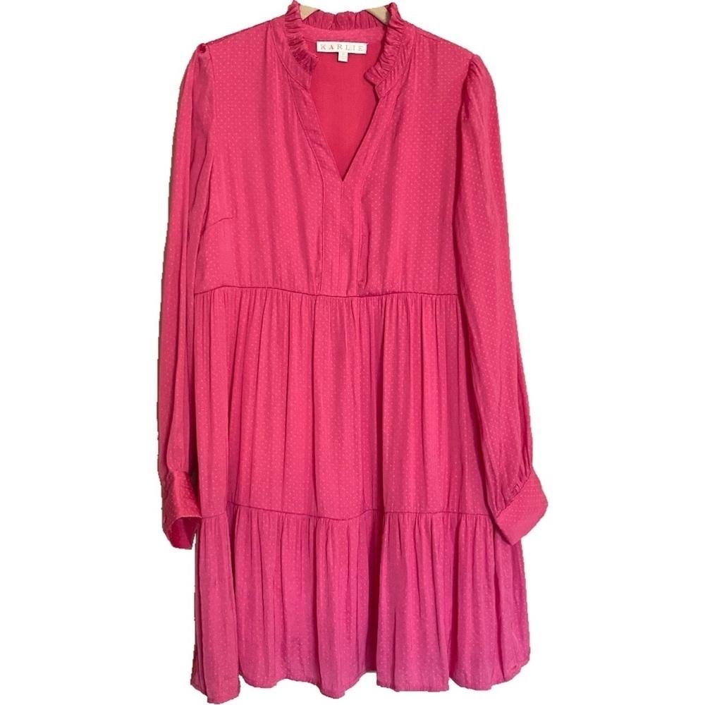 Karlie V-Neck Pink Silky Small Polka Dots Tiered Ruffle Summer Spring Dress Sz M